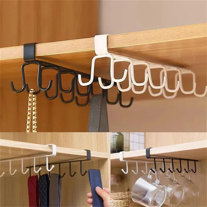 Cabinet Storage Rack Multifunctional Wardrobe Organizing Rack with 6/12 Hooks Kitchen Cup Holder No Punching Storage Rack