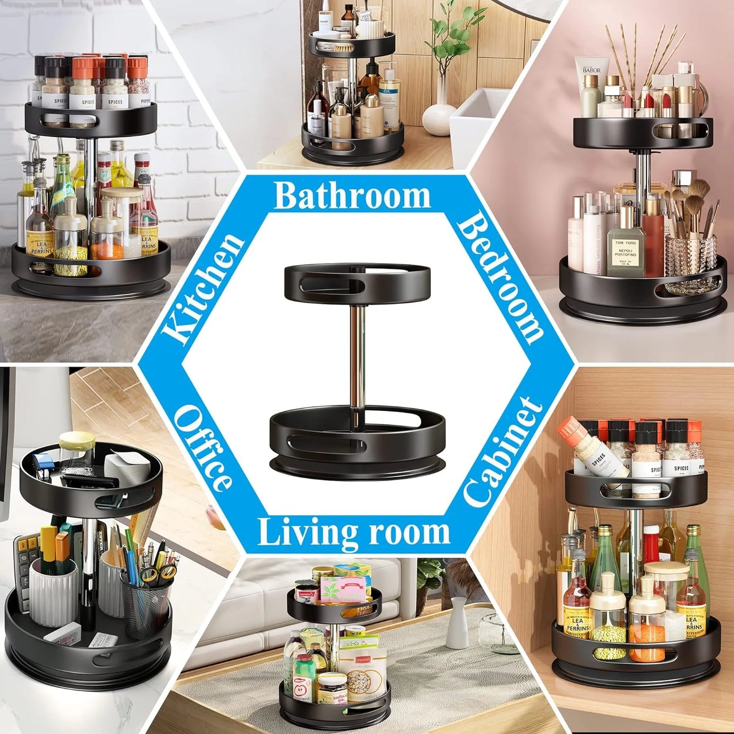 2 Tier Rotating Spice Rack Organizer, 360 Degree Rotation Turntable Kitchen Organizers and Storage, Metal Spice Holder for Kitchen Pantry Storage Cupboard Table