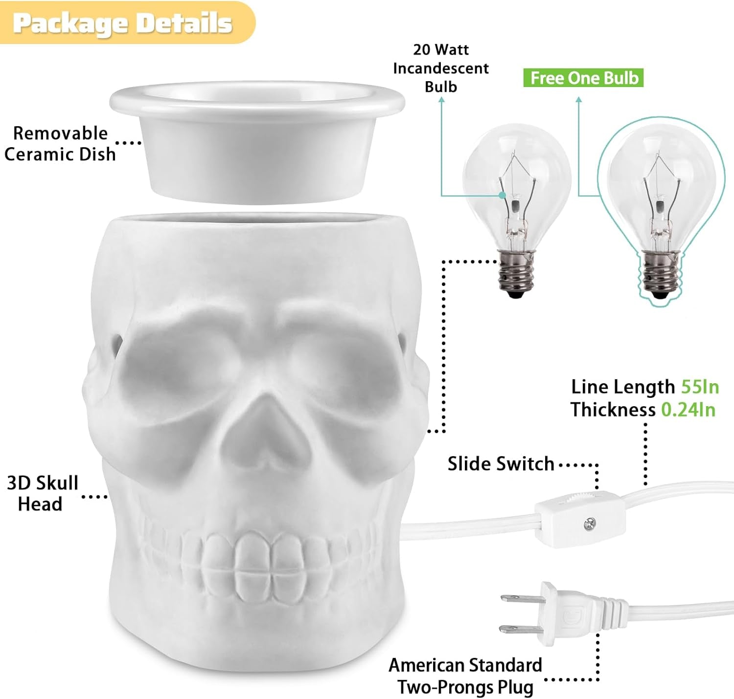 Ceramic Skull Wax Melt Warmer Electric Scentsy Warmer Home Fragrance Oil Diffuser Wax Melter Burner for Home Decor/Office/Living Room,Ideal Gifts,Two Bulbs Packed- Resurgent Skull