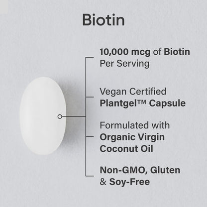 Biotin (10,000Mcg) with Organic Coconut Oil | Supports Healthy Hair, Skin & Nails | Non-Gmo Verified & Vegan Certified (120 Veggie-Softgels)