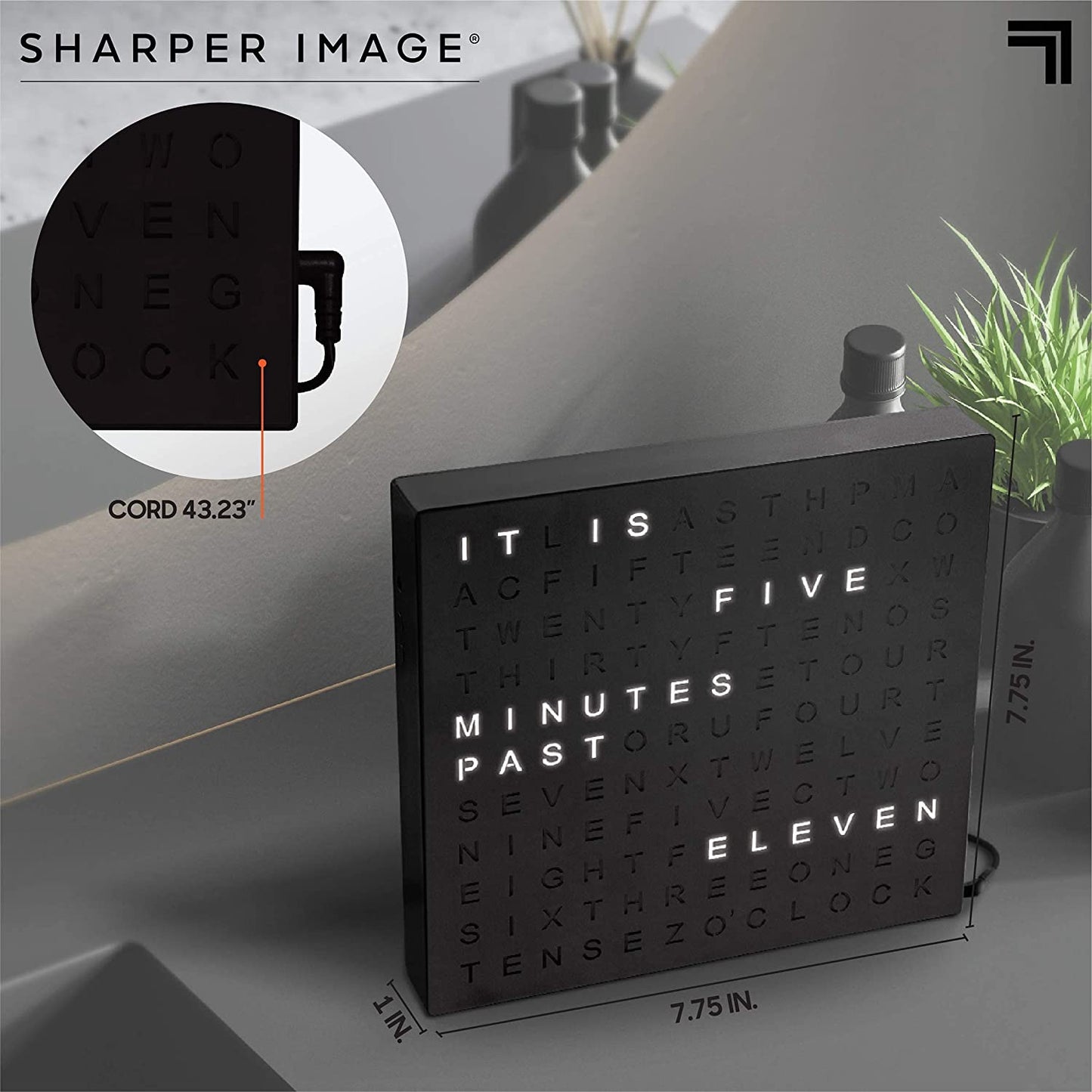 ® LED Light-Up Word Clock, 7.75" Modern Design, Electronic Accent Wall or Desk Clock, USB Cord & Power Adapter, Unique Contemporary Home & Office Decor, Easy Setup, Housewarming Gift